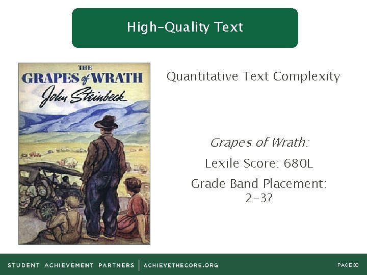 High-Quality Text Quantitative Text Complexity Grapes of Wrath: Lexile Score: 680 L Grade Band