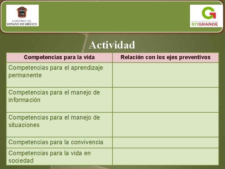 Actividad Competencias para la vida Competencias para el aprendizaje permanente Competencias para el manejo
