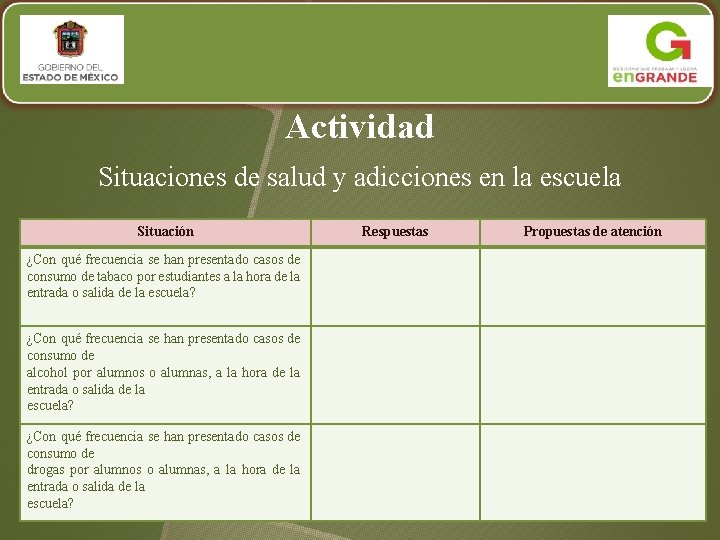 Actividad Situaciones de salud y adicciones en la escuela Situación ¿Con qué frecuencia se