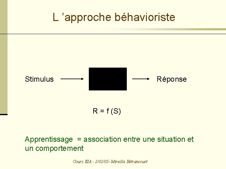 L ’approche béhavioriste Stimulus Réponse R = f (S) Apprentissage = association entre une