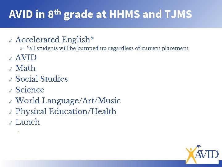AVID in 8 th grade at HHMS and TJMS ✓ Accelerated English* ✓ ✓