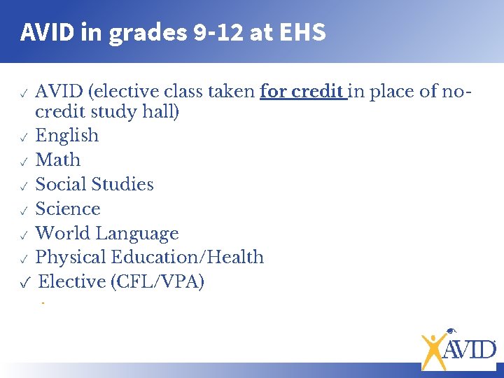 AVID in grades 9 -12 at EHS AVID (elective class taken for credit in