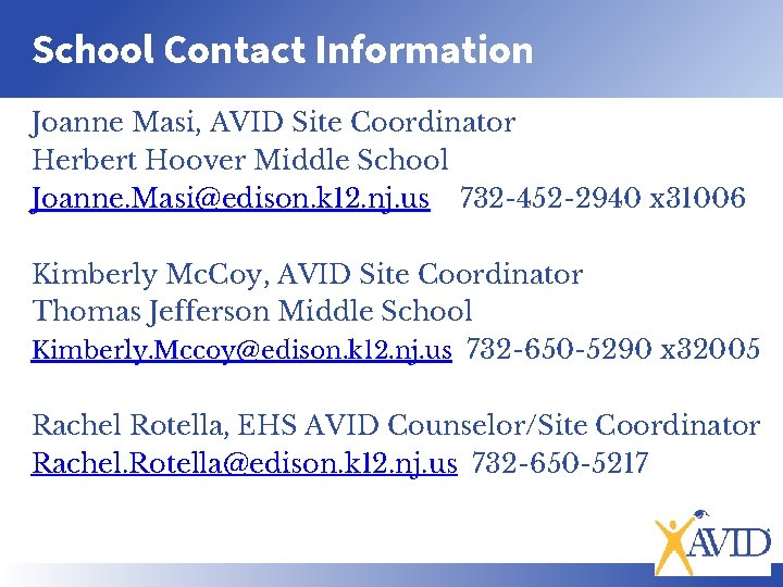 School Contact Information Joanne Masi, AVID Site Coordinator Herbert Hoover Middle School Joanne. Masi@edison.