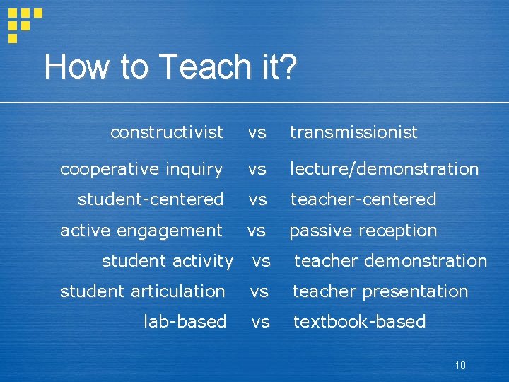 How to Teach it? constructivist vs transmissionist cooperative inquiry vs lecture/demonstration student-centered vs teacher-centered