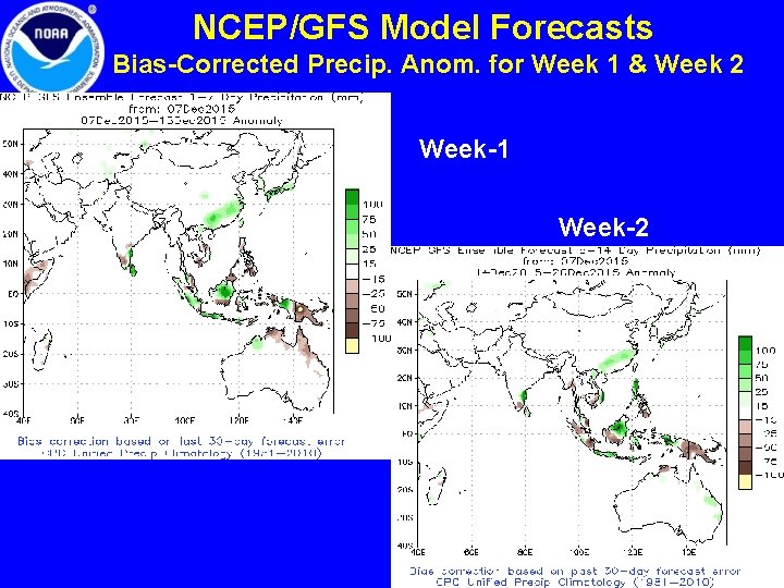 NCEP/GFS Model Forecasts Bias-Corrected Precip. Anom. for Week 1 & Week 2 Week-1 Week-2