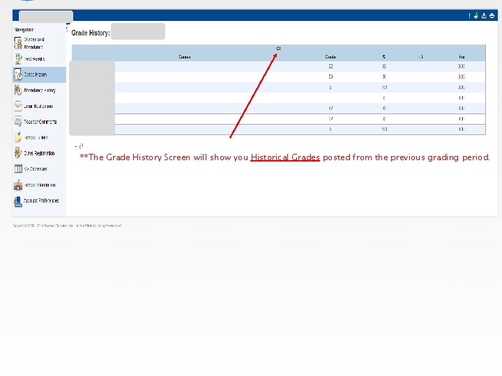 **The Grade History Screen will show you Historical Grades posted from the previous grading