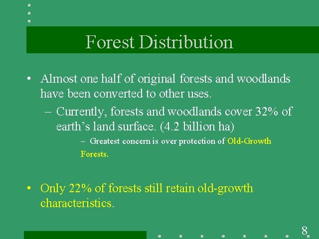 Forest Distribution • Almost one half of original forests and woodlands have been converted