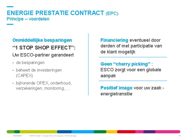 ENERGIE PRESTATIE CONTRACT (EPC) Principe – voordelen Onmiddellijke besparingen “ 1 STOP SHOP EFFECT”: