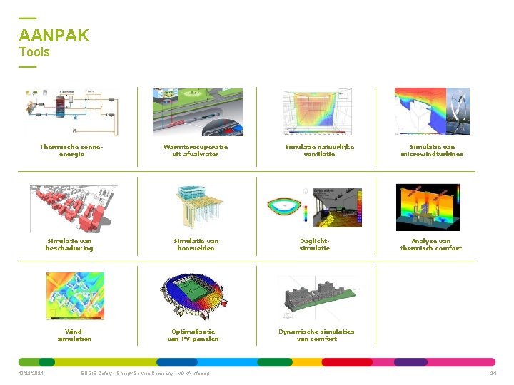 AANPAK Tools Thermische zonneenergie 10/23/2021 Warmterecuperatie uit afvalwater Simulatie van beschaduwing Simulatie van boorvelden