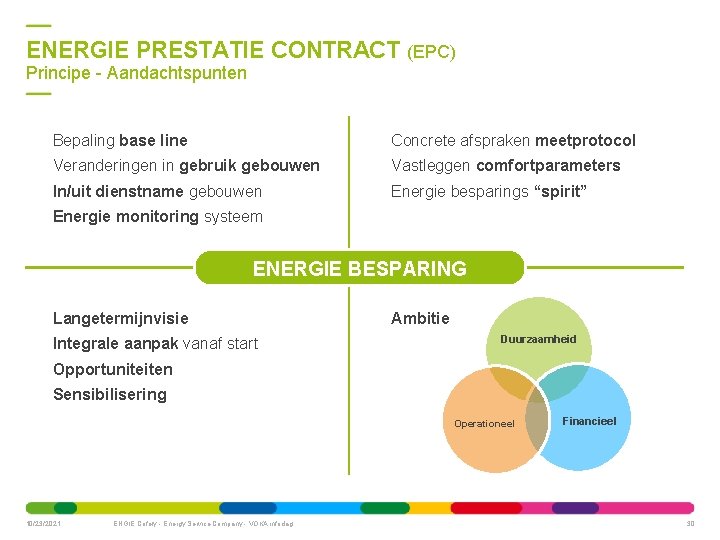 ENERGIE PRESTATIE CONTRACT (EPC) Principe - Aandachtspunten Bepaling base line Concrete afspraken meetprotocol Veranderingen