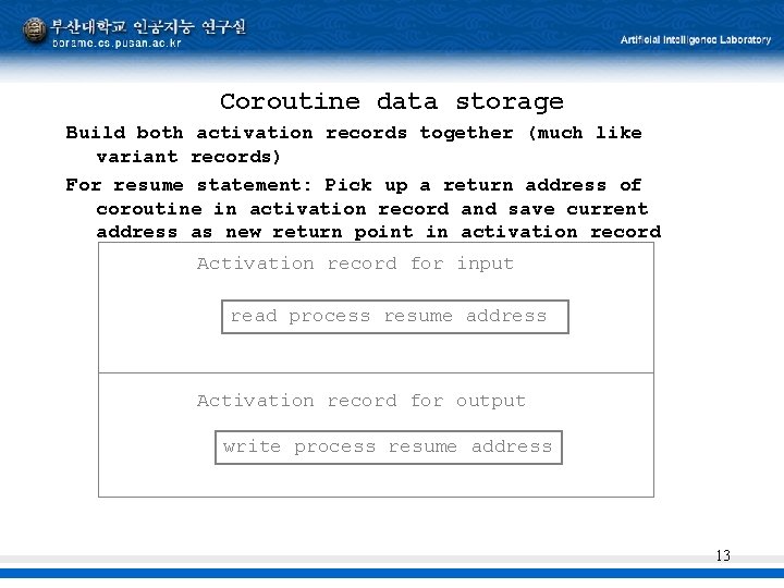Coroutine data storage Build both activation records together (much like variant records) For resume