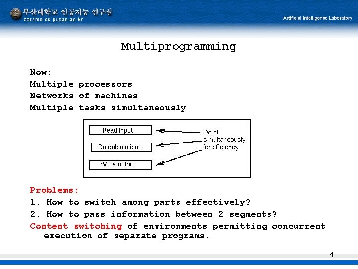 Multiprogramming Now: Multiple processors Networks of machines Multiple tasks simultaneously Problems: 1. How to