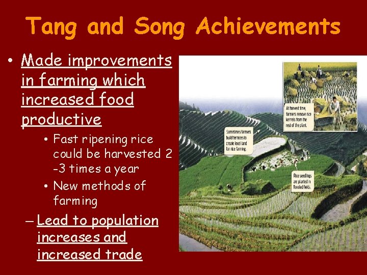 Tang and Song Achievements • Made improvements in farming which increased food productive •