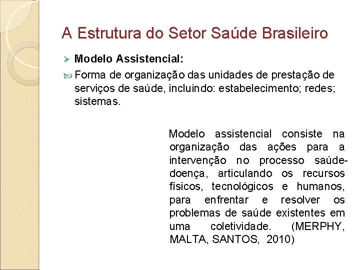 A Estrutura do Setor Saúde Brasileiro Modelo Assistencial: Forma de organização das unidades de
