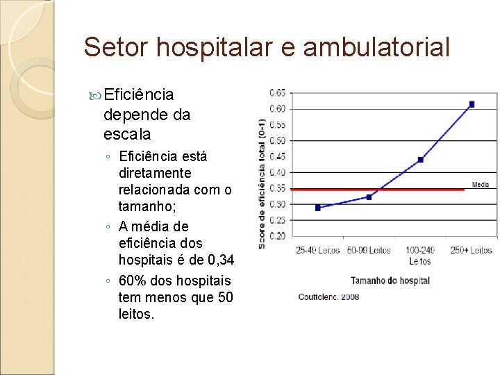 Setor hospitalar e ambulatorial Eficiência depende da escala ◦ Eficiência está diretamente relacionada com