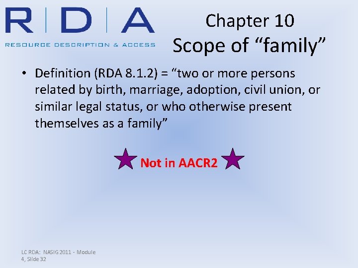 Chapter 10 Scope of “family” • Definition (RDA 8. 1. 2) = “two or