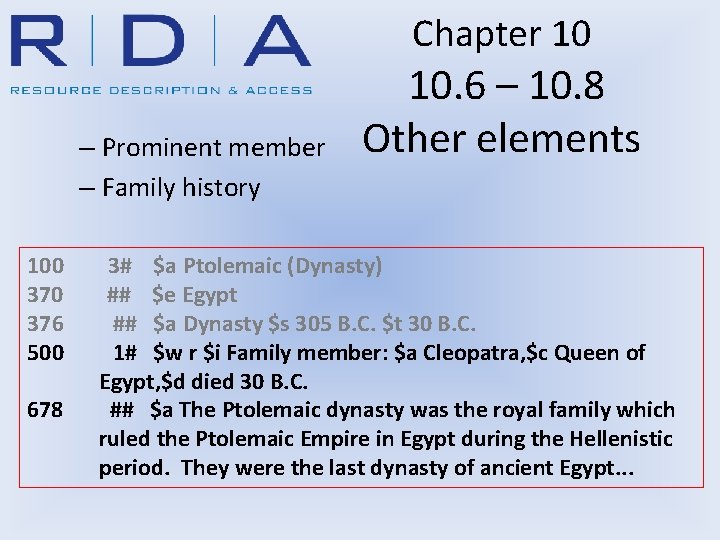 Chapter 10 – Prominent member – Family history 100 376 500 678 10. 6