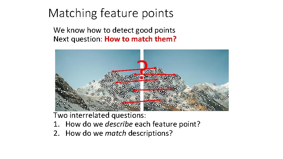 Matching feature points We know how to detect good points Next question: How to Matching feature points We know how to detect good points Next question: How to