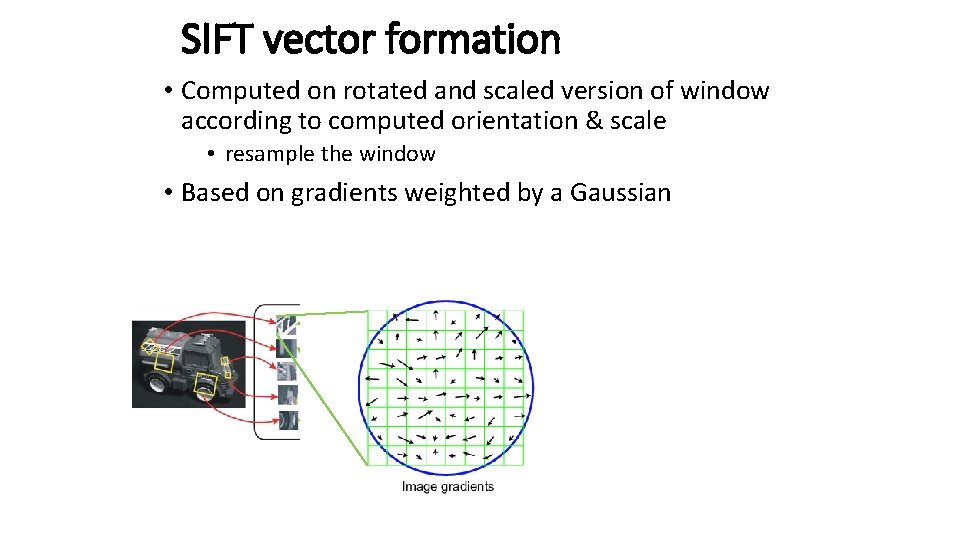 SIFT vector formation • Computed on rotated and scaled version of window according to SIFT vector formation • Computed on rotated and scaled version of window according to