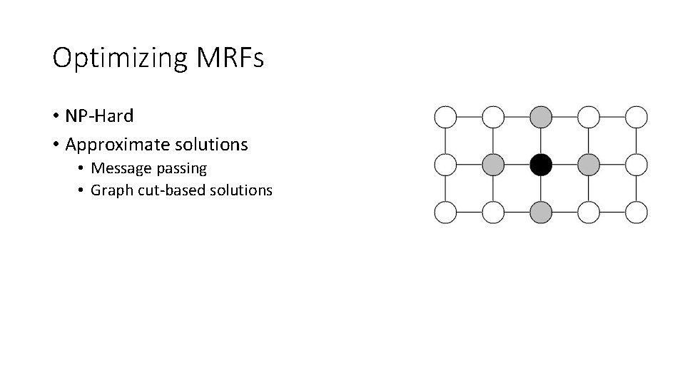 Optimizing MRFs • NP-Hard • Approximate solutions • Message passing • Graph cut-based solutions Optimizing MRFs • NP-Hard • Approximate solutions • Message passing • Graph cut-based solutions