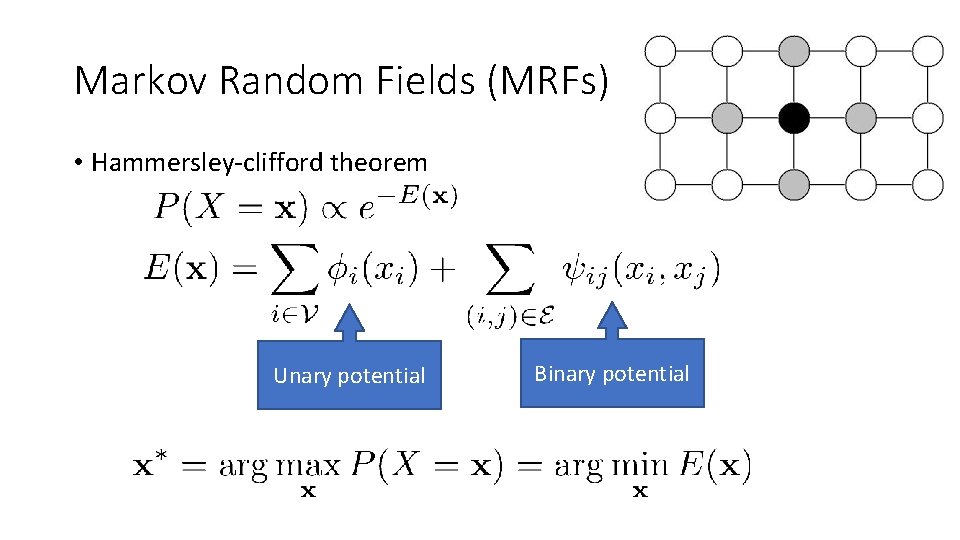 Markov Random Fields (MRFs) • Hammersley-clifford theorem Unary potential Binary potential Markov Random Fields (MRFs) • Hammersley-clifford theorem Unary potential Binary potential
