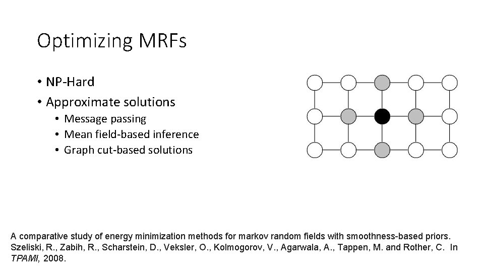 Optimizing MRFs • NP-Hard • Approximate solutions • Message passing • Mean field-based inference Optimizing MRFs • NP-Hard • Approximate solutions • Message passing • Mean field-based inference