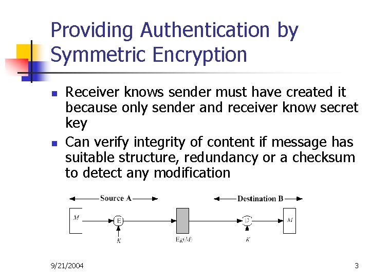 Providing Authentication by Symmetric Encryption n n Receiver knows sender must have created it