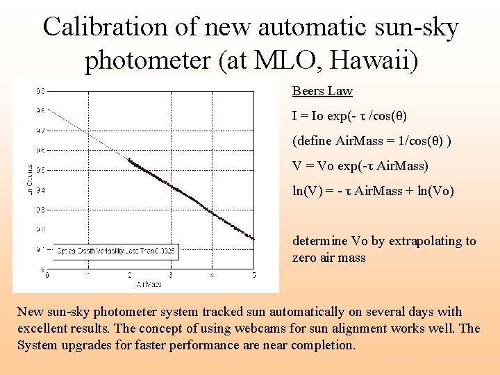 Calibration of new automatic sun-sky photometer (at MLO, Hawaii) Beers Law I = Io Calibration of new automatic sun-sky photometer (at MLO, Hawaii) Beers Law I = Io