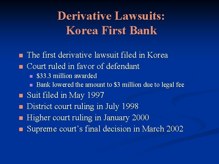 Derivative Lawsuits: Korea First Bank n n The first derivative lawsuit filed in Korea