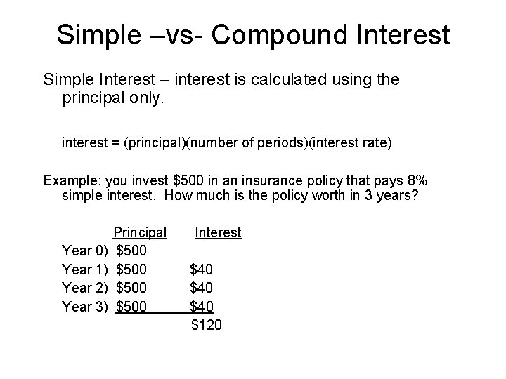 Simple –vs- Compound Interest Simple Interest – interest is calculated using the principal only.