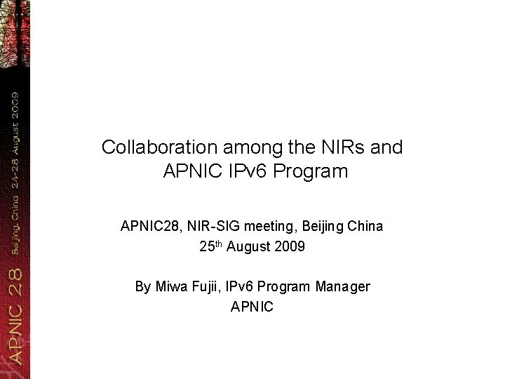 Collaboration among the NIRs and APNIC IPv 6 Program APNIC 28, NIR-SIG meeting, Beijing
