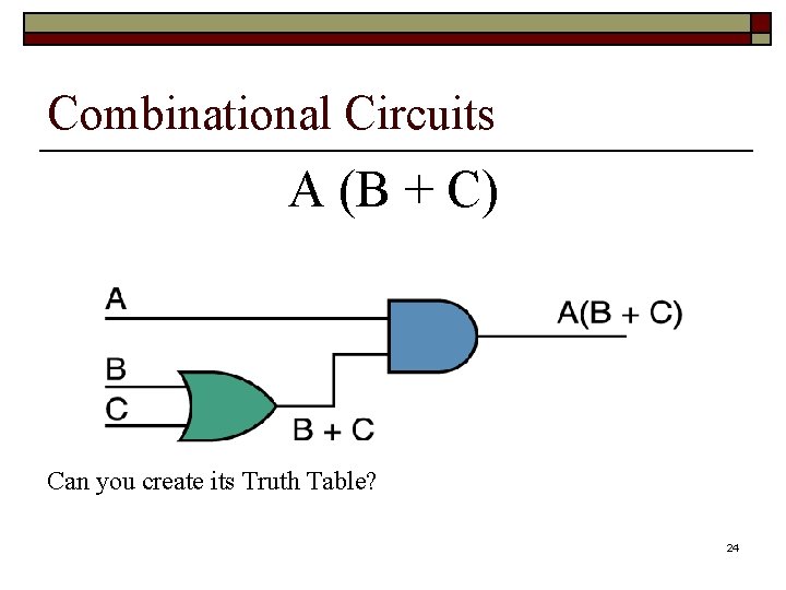 Combinational Circuits A (B + C) Can you create its Truth Table? 24 