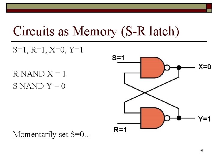 Circuits as Memory (S-R latch) S=1, R=1, X=0, Y=1 S=1 X=0 R NAND X