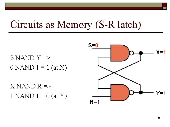 Circuits as Memory (S-R latch) S=0 X=1 S NAND Y => 0 NAND 1