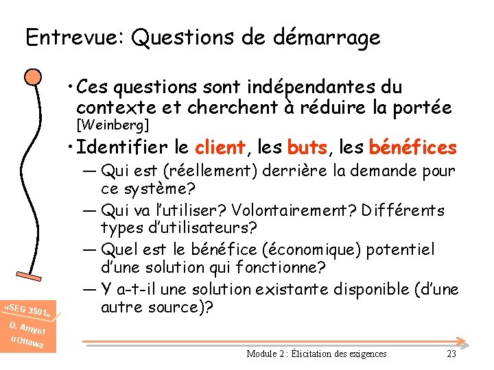 Entrevue: Questions de démarrage • Ces questions sont indépendantes du contexte et cherchent à