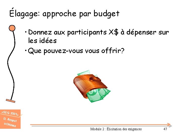 Élagage: approche par budget • Donnez aux participants X$ à dépenser sur les idées