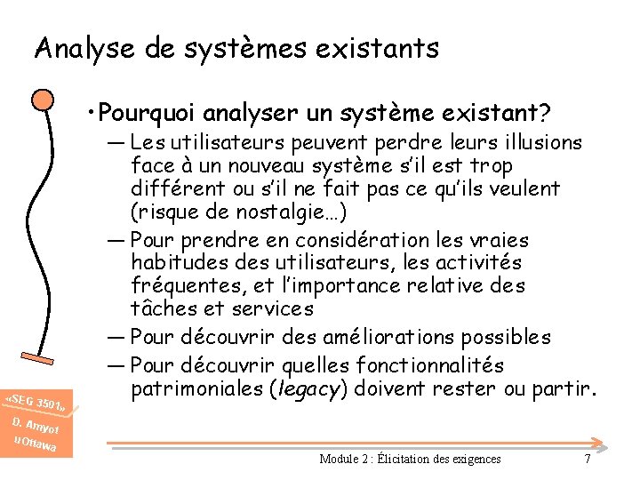 Analyse de systèmes existants • Pourquoi analyser un système existant? «SEG 3 501» ―