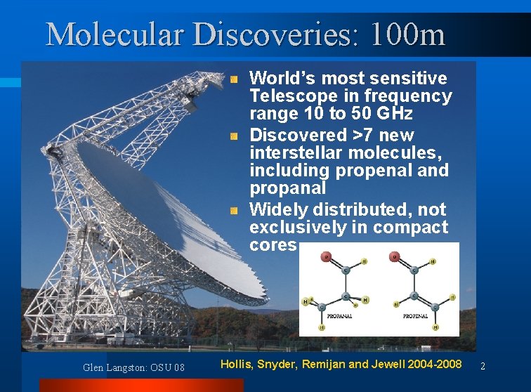 Molecular Discoveries: 100 m World’s most sensitive Telescope in frequency range 10 to 50