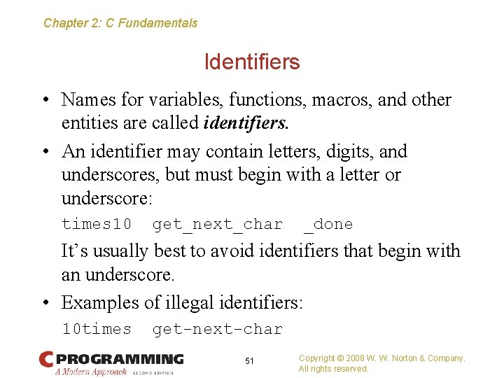 Chapter 2: C Fundamentals Identifiers • Names for variables, functions, macros, and other entities