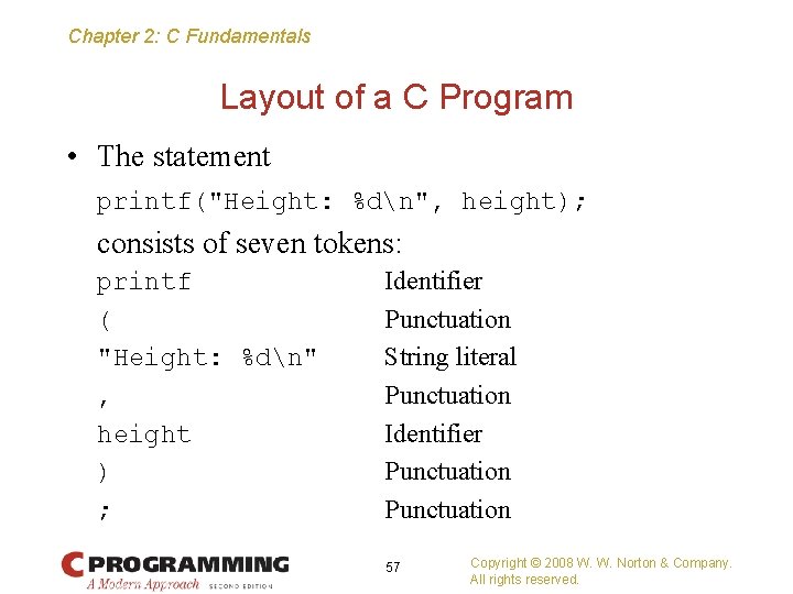 Chapter 2: C Fundamentals Layout of a C Program • The statement printf("Height: %dn",