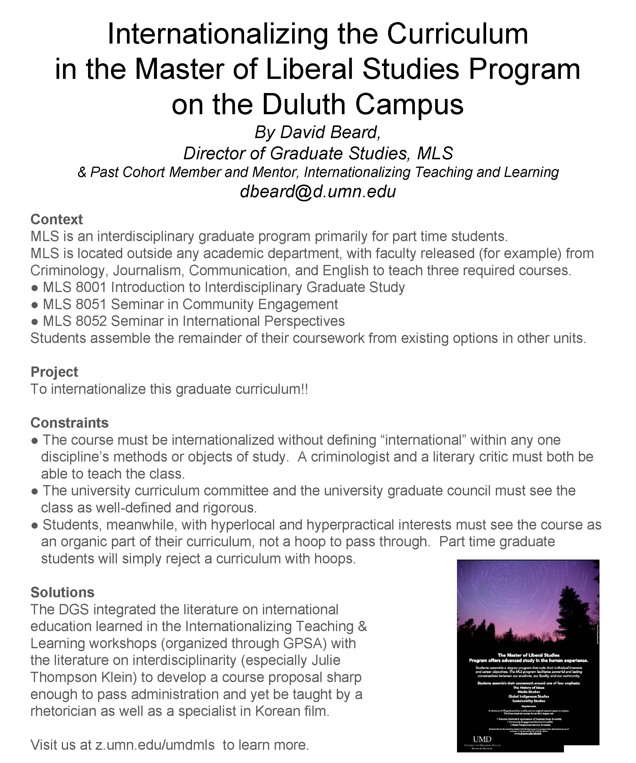 Internationalizing the Curriculum in the Master of Liberal Studies Program on the Duluth Campus