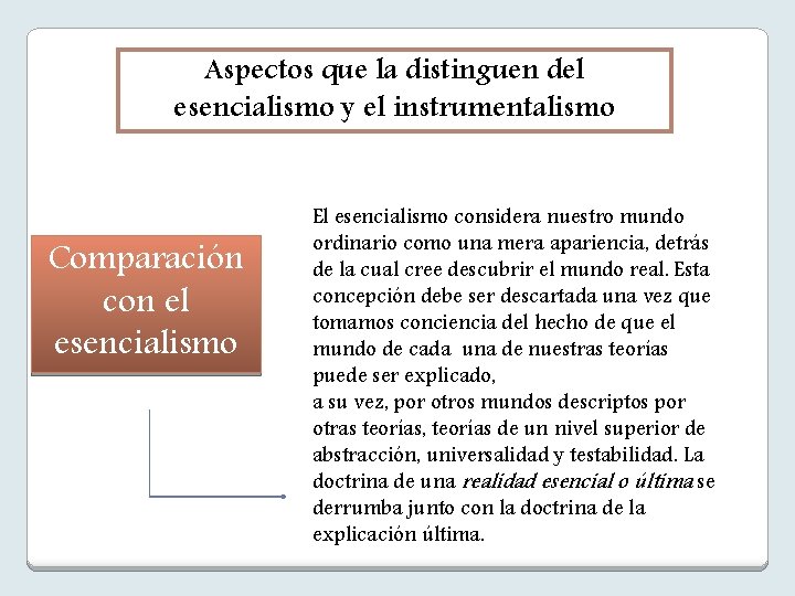 Aspectos que la distinguen del esencialismo y el instrumentalismo Comparación con el esencialismo El