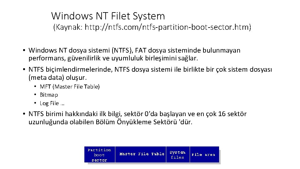 Windows NT Filet System (Kaynak: http: //ntfs. com/ntfs-partition-boot-sector. htm) • Windows NT dosya sistemi