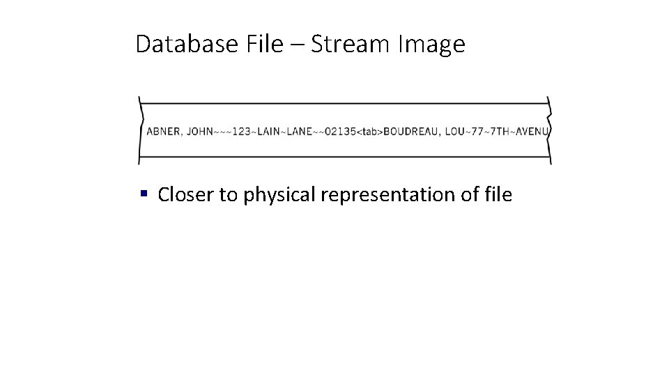 Database File – Stream Image § Closer to physical representation of file 