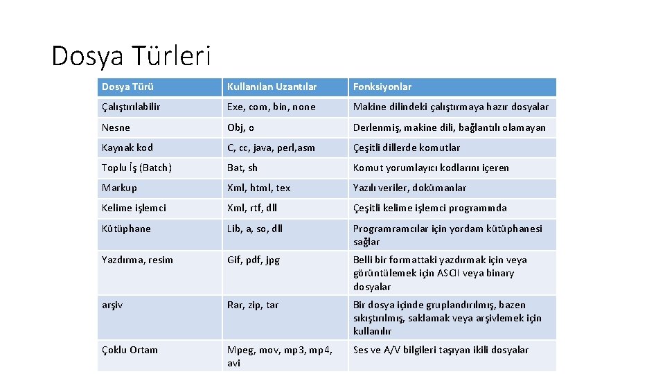 Dosya Türleri Dosya Türü Kullanılan Uzantılar Fonksiyonlar Çalıştırılabilir Exe, com, bin, none Makine dilindeki