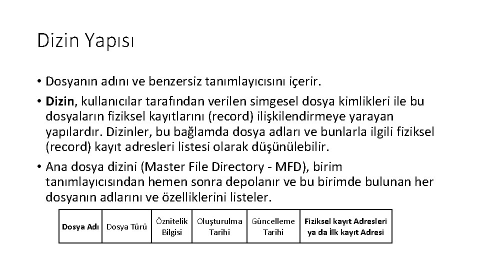 Dizin Yapısı • Dosyanın adını ve benzersiz tanımlayıcısını içerir. • Dizin, kullanıcılar tarafından verilen