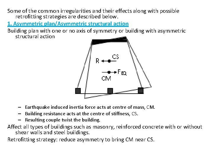 Some of the common irregularities and their effects along with possible retrofitting strategies are