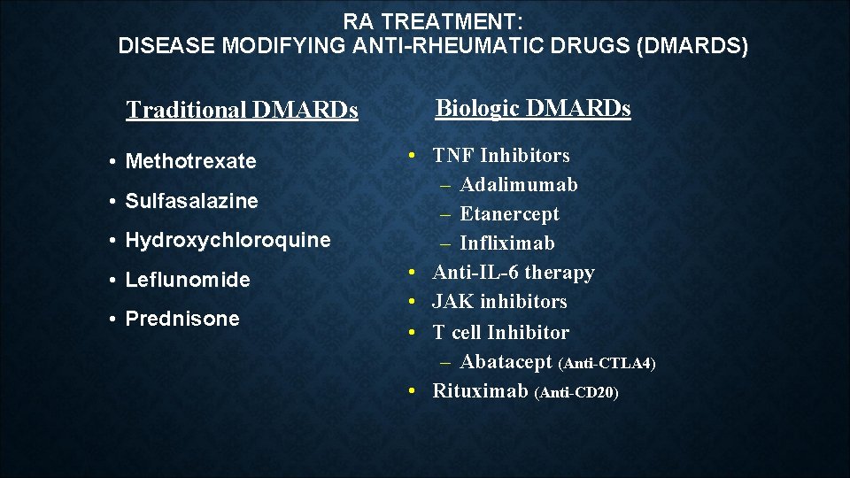 RA TREATMENT: DISEASE MODIFYING ANTI-RHEUMATIC DRUGS (DMARDS) Traditional DMARDs • Methotrexate • Sulfasalazine • RA TREATMENT: DISEASE MODIFYING ANTI-RHEUMATIC DRUGS (DMARDS) Traditional DMARDs • Methotrexate • Sulfasalazine •