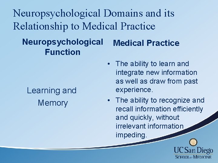 Neuropsychological Domains and its Relationship to Medical Practice Neuropsychological Function Learning and Memory Medical