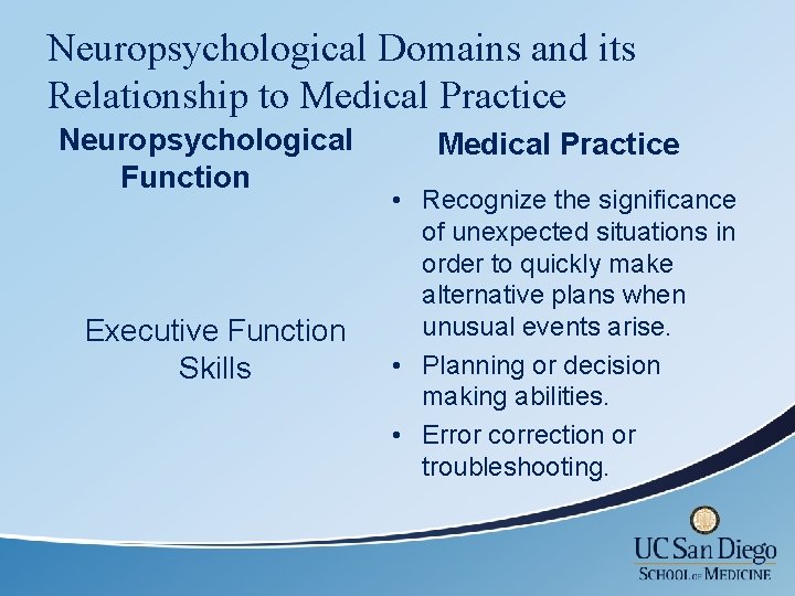 Neuropsychological Domains and its Relationship to Medical Practice Neuropsychological Function Executive Function Skills Medical